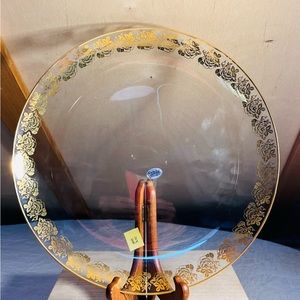 Rare! Large Clear Glass Plate with 24K Gold Overlay Roses. Made in Germany!